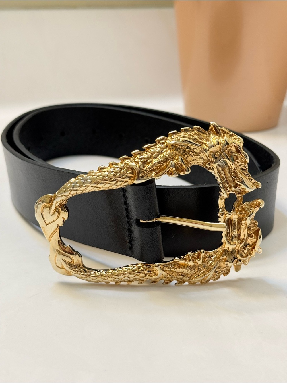 RARE Black & Brown x Audrey Leighton Gold Dragon Buckle Leather Belt 32 / 80
